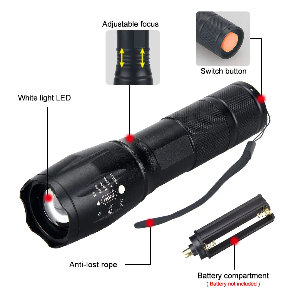 Linterna LED de alta potencia para acampar con 5 modos de iluminación, linterna impermeable con luz de enfoque variable de aleación de aluminio