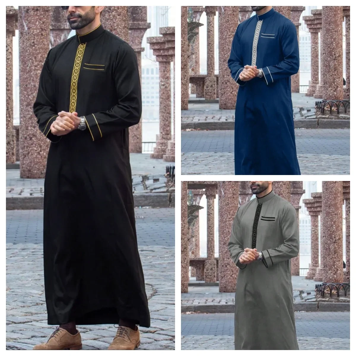 Robe masculino muçulmano de manga comprida estilo étnico bordado gola árabe roupas masculinas robe casual islâmico