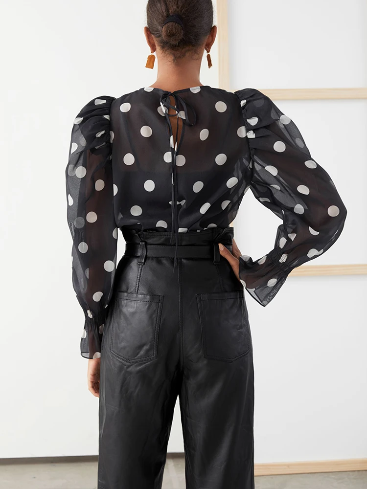 เสื้อชีฟองผู้หญิง SHEER พัฟแขนเสื้อรอบคอฤดูใบไม้ผลิแฟชั่น Polka Dot พิมพ์สบายๆโปร่งใสเสื้อ Tops 2024