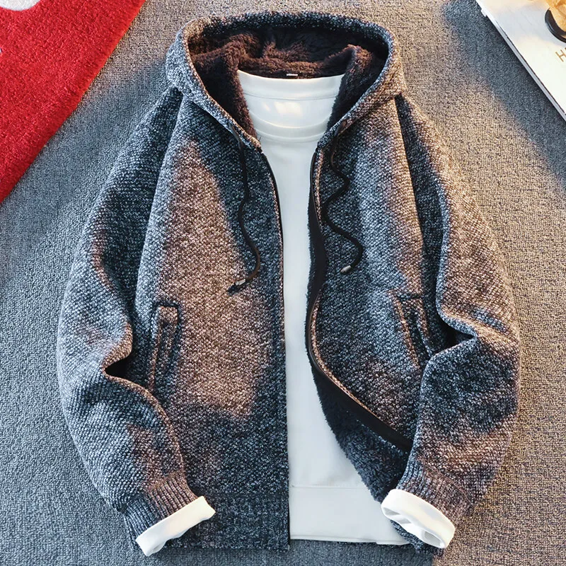 Suéter de malha masculino clássico, cardigã com capuz, jaqueta casual streetwear com zíper completo, casaco