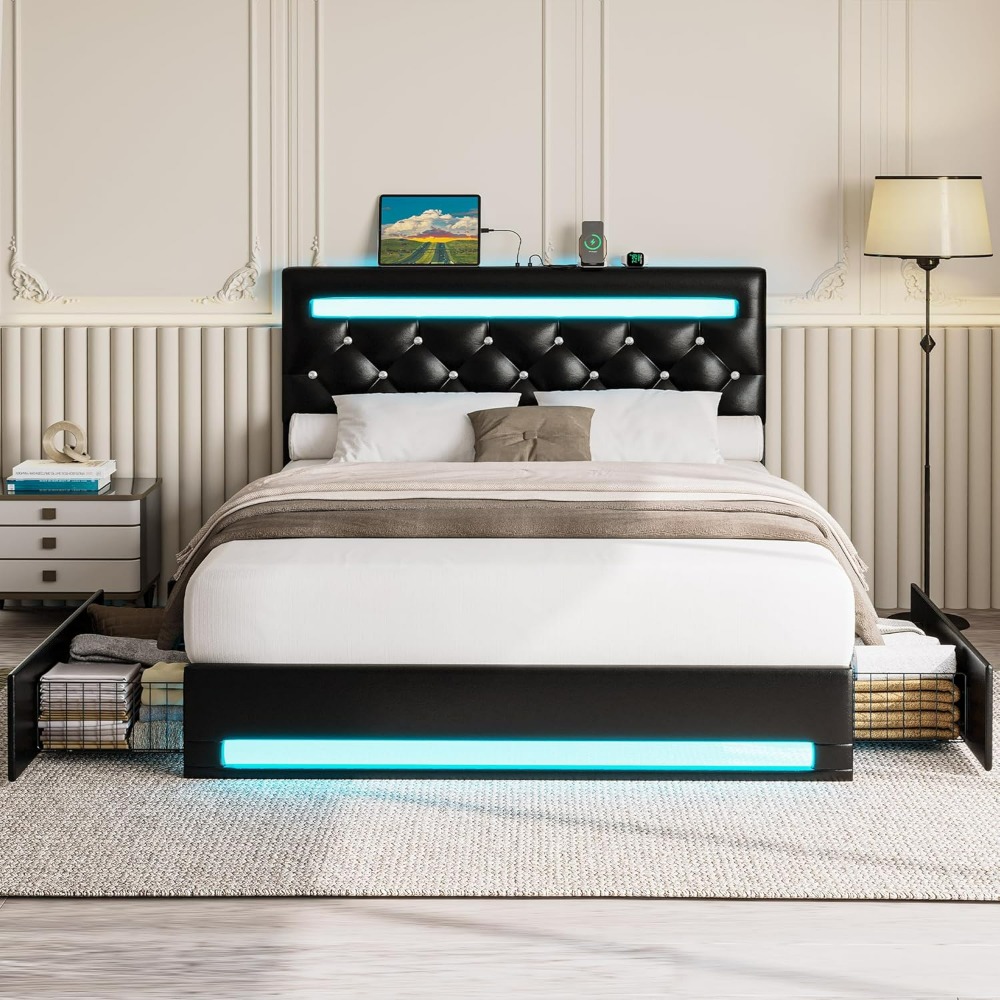 Full Size Bed Frame with LED Light, 4 Drawers, Adjustable Crystal Button Tufted Headboard, PU Leather Platform Bed Frame