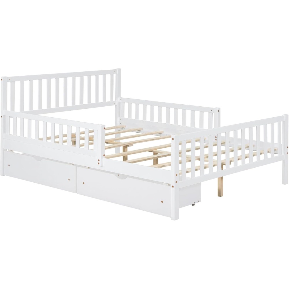 Merax Full Bed Frame with Storage Drawers and Safety Guardrails on Both Sides, Wood Platform Bed & Headboard and Footboard for K