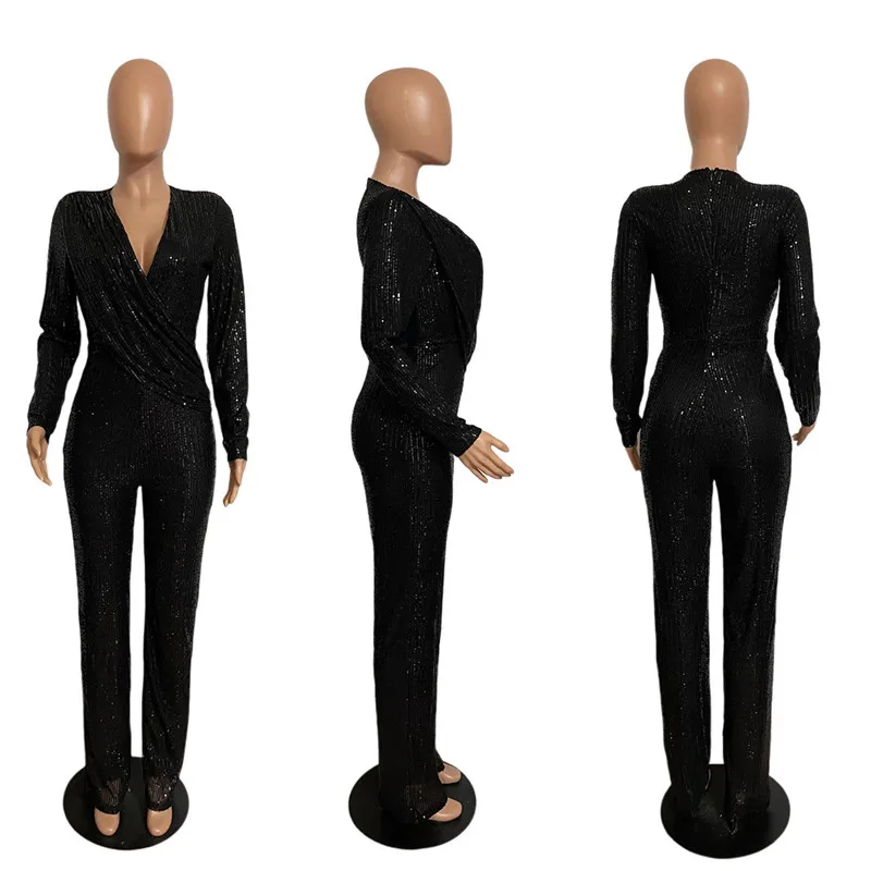 Neue Mode Pailletten Overall Für Frauen Langarm V-ausschnitt Drapierte Herbst Winter Strampler Berühmtheit Abend Party Club Insgesamt