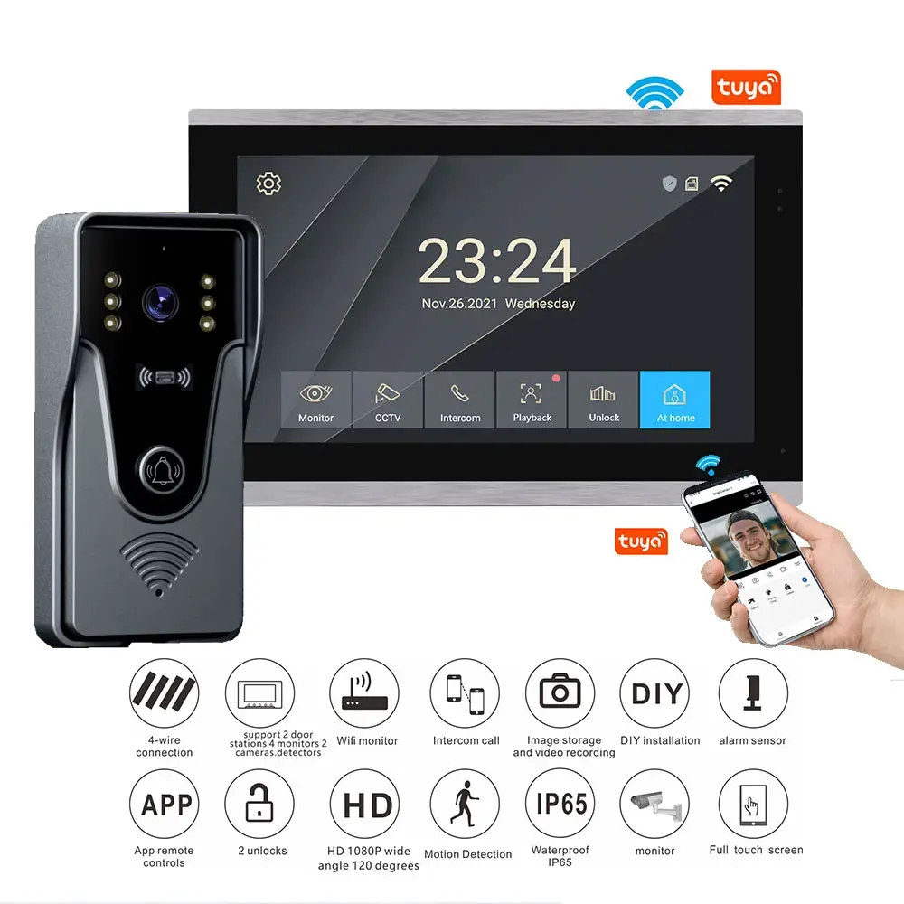 10 Zoll Farb-Touchscreen Tuya 1080P Wireless WiFi Video Türklingel Smart APP Home Intercom Kit für RFID Access Control System