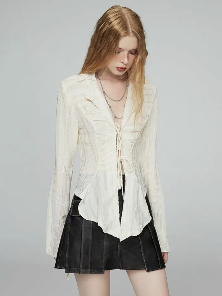 Deeptown fairycore rendas até blusa feminina manga longa nova turn down collar camisas femininas senhoras recortadas topos moda coreana chique