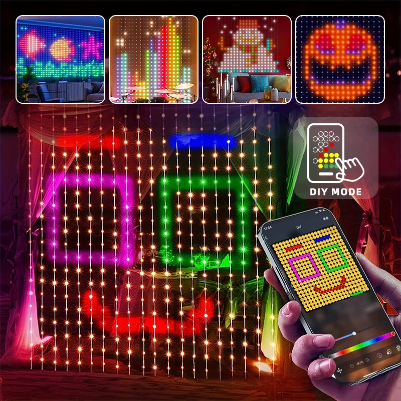 400 diod LED inteligentne kurtyny świetlne aplikacja Bluetooth LED String bajkowe oświetlenie RGB DIY wyświetlacz zmiany muzyki do dekoracji okna sypialnia
