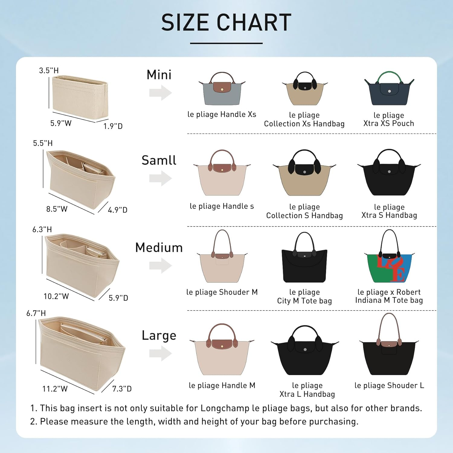 Organizer-Einsatz für Longchamp, große kleine Mini-Tragetaschen, Filz-Aufbewahrungstasche, Geldbörse-Einsatz, Handtasche, Liner, Taschen, Zubehör