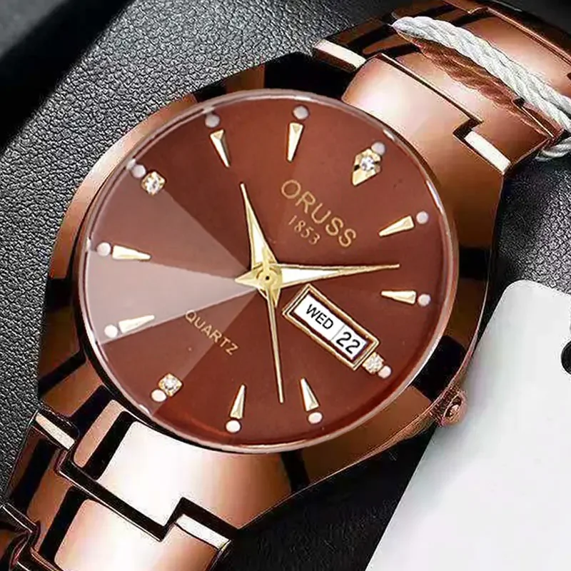 Oruss casal relógio à prova dwaterproof água casual moda feminina relógios de quartzo senhoras inoxidável data semana relógio masculino amante data presente