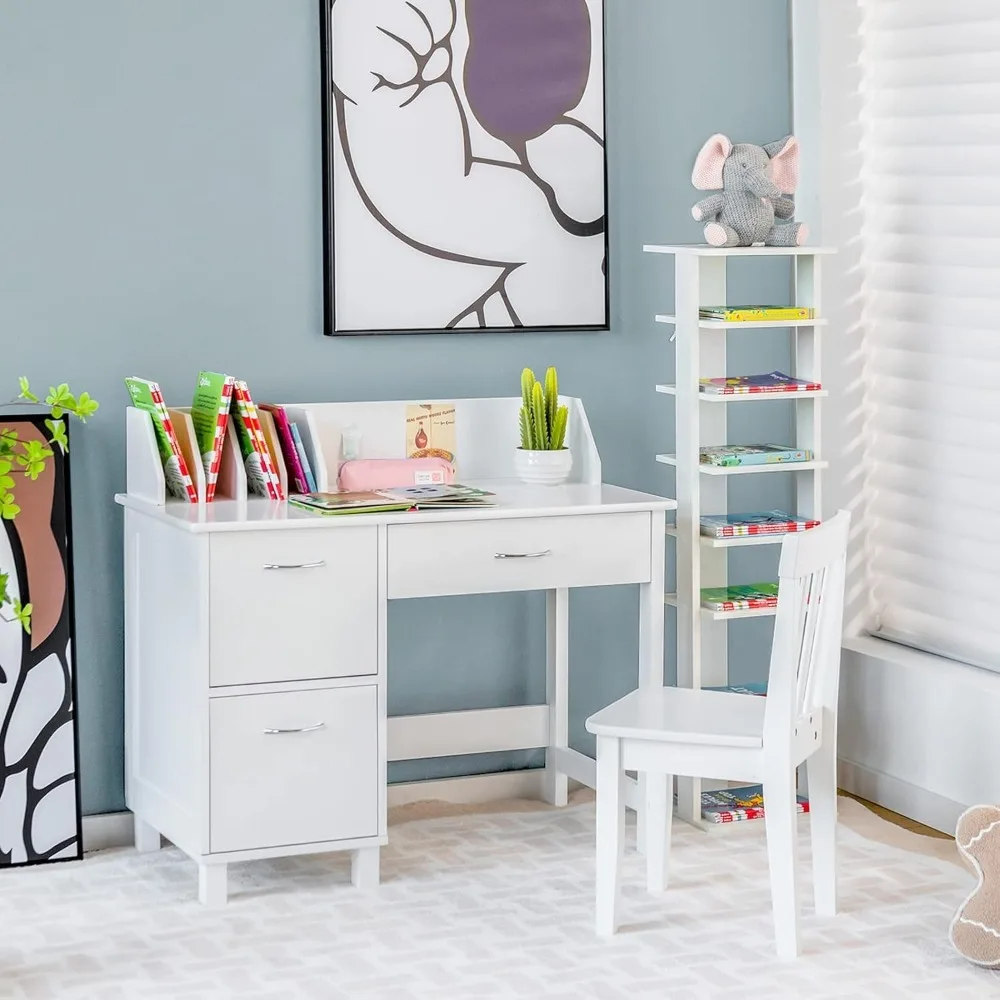 Kids Desk and Chair Set, Wooden Children School Study Table and Chair w/Drawer, Storage Shelf & Cabinets