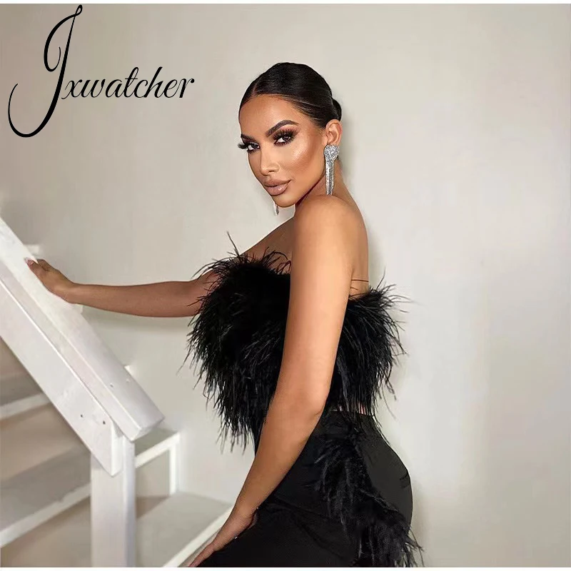 Jxwatcher sutiã feminino de penas de avestruz natural, tubo de penas de verão para casamento, cabelo longo e fofo, roupa íntima para festa à noite