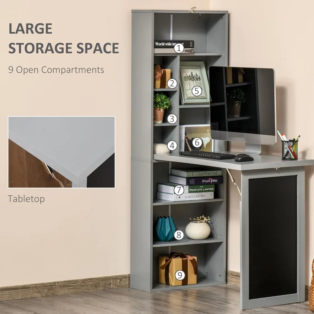 Fold-Out Convertible Writing Table Wall Mount Desk Cabinet with Blackboard and Side Shelf Multi-Function Home Office Work