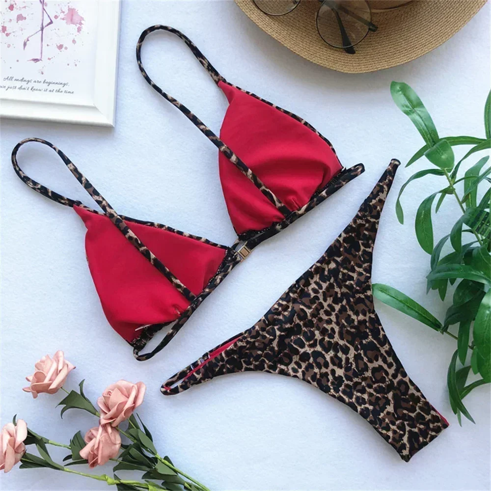 Maillot de bain deux pièces imprimé léopard, sexy, string, bikini, crochet au dos, push-up, triangle, tanga, brésilien, pour la plage