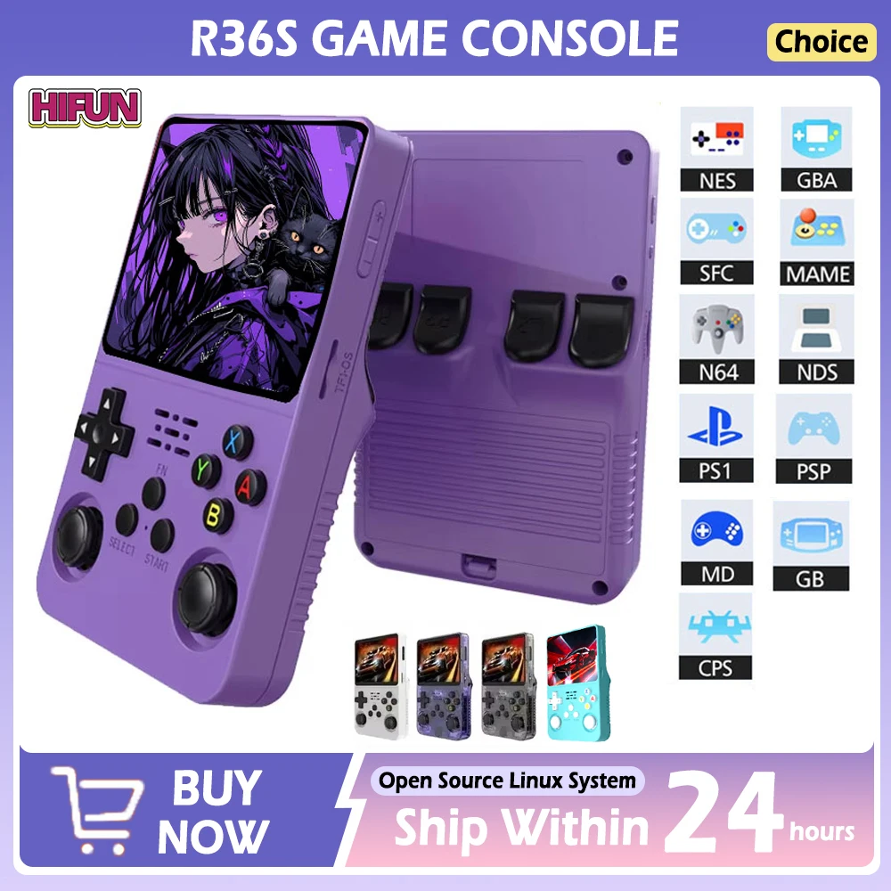 Nuovo console per videogiochi portatile retrò R36S Sistema Linux open source Schermo IPS da 3,5 pollici Viola Giochi per videogiochi tascabili portatili