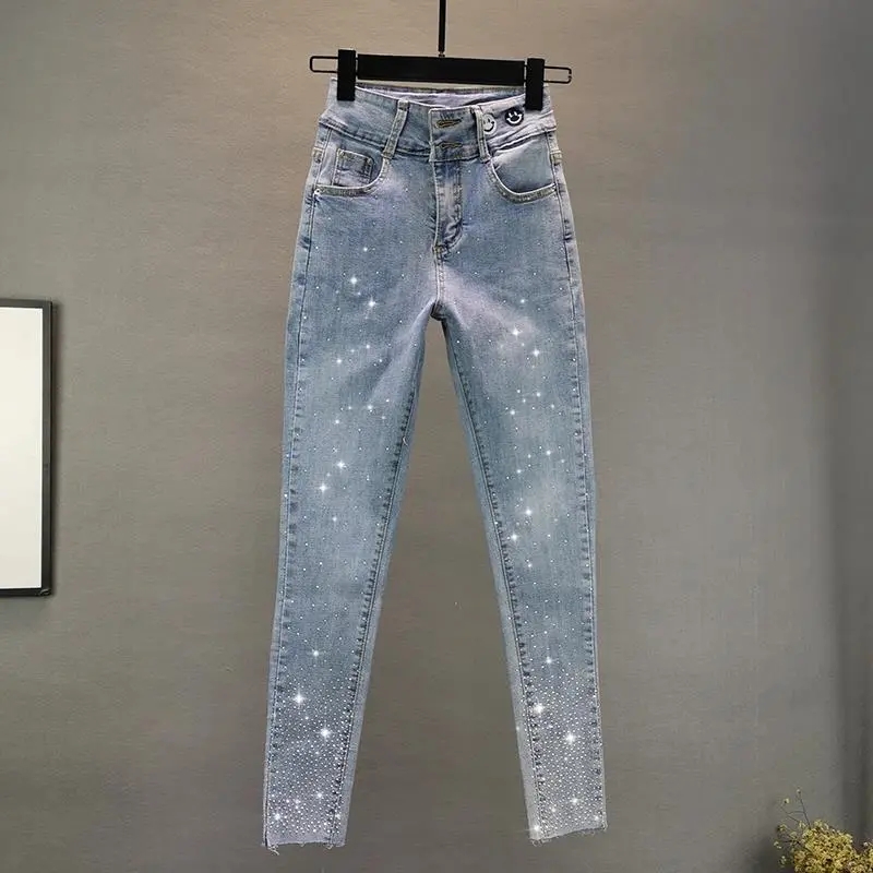 Calças de brim femininas 2025 verão novo elástico fino indústria pesada quente diamante pequeno pé lápis calças femininas casuais denim