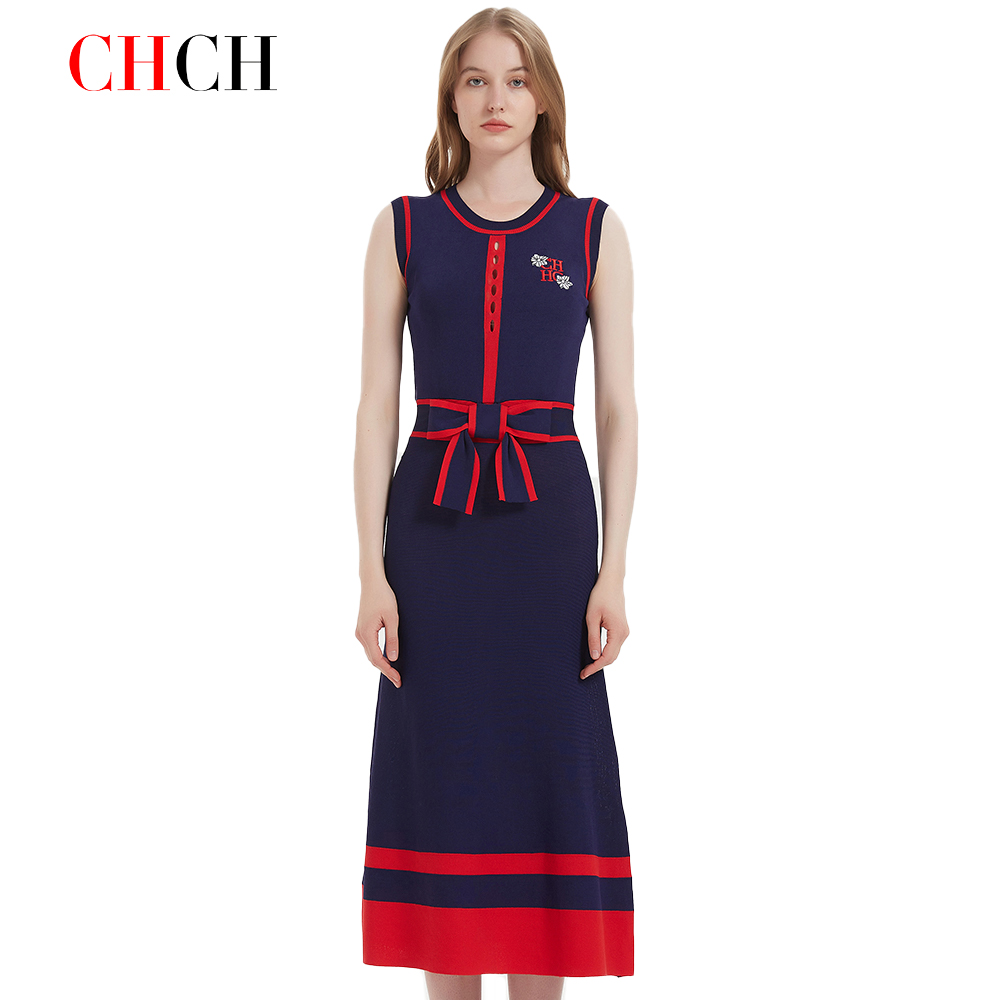 Chch vestido feminino 2024 novo vestido longo de malha sem mangas simples azul marinho roupa feminina de negócios
