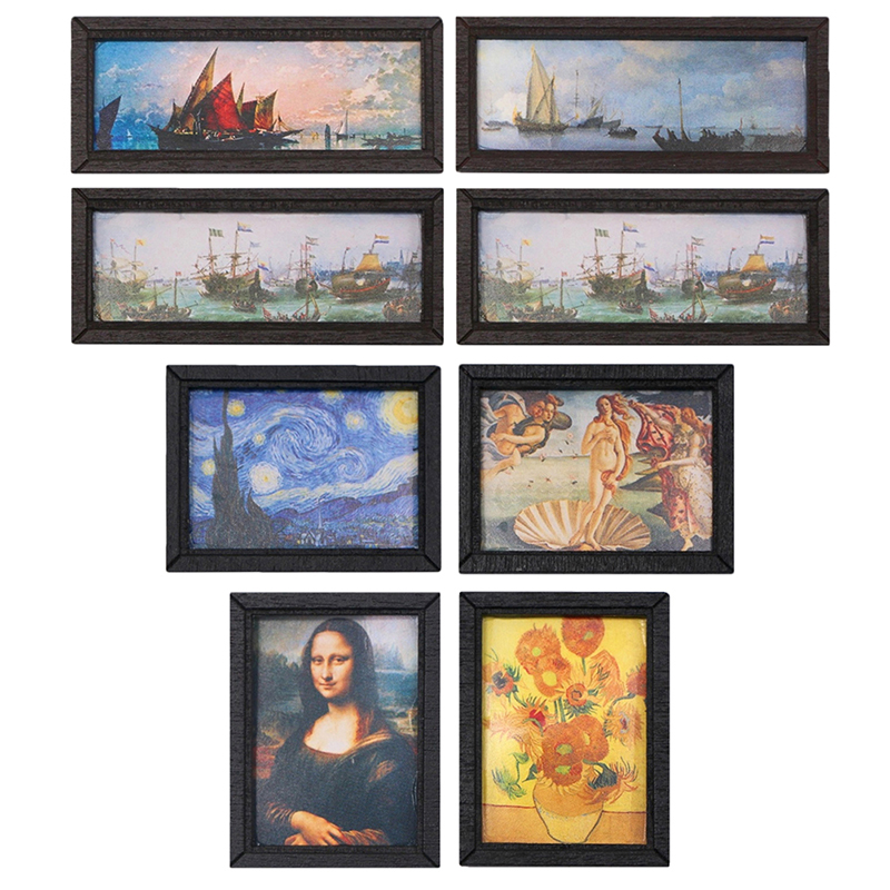 8 ピース/セット 1:12 ドールハウスミニチュアヴィンテージ油絵壁画写真壁絵シーンの装飾ドールハウスアクセサリー