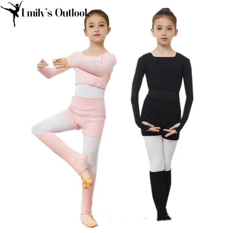 Kinder Mädchen Top Combo mit Booty Shorts Ballett Tanz Gymnastik tragen gestrickte Beinwärmer Langarm Pullover Over Pullover Winter