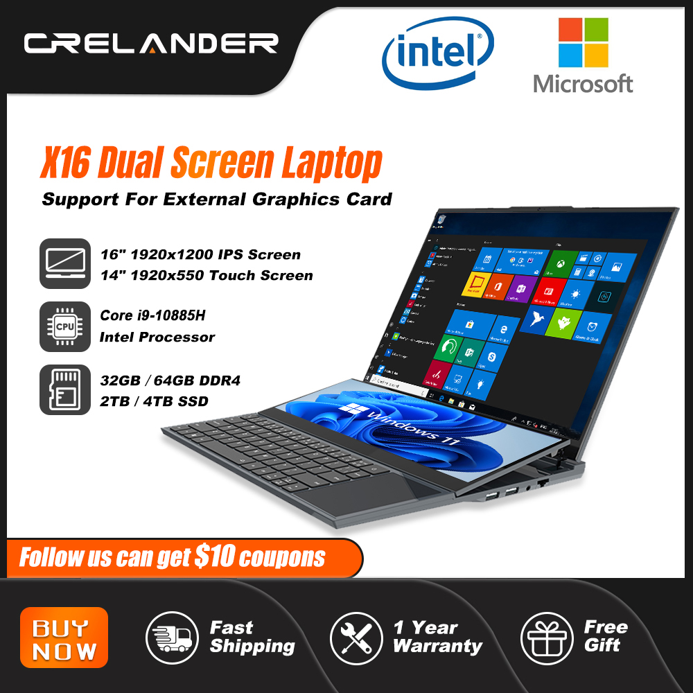 CRELANDER 듀얼 스크린 노트북 16인치 2K + 14인치 터치 스크린 인텔 제온 W-10855M 64GB RAM 젠북 듀오 노트북 게임용 노트북