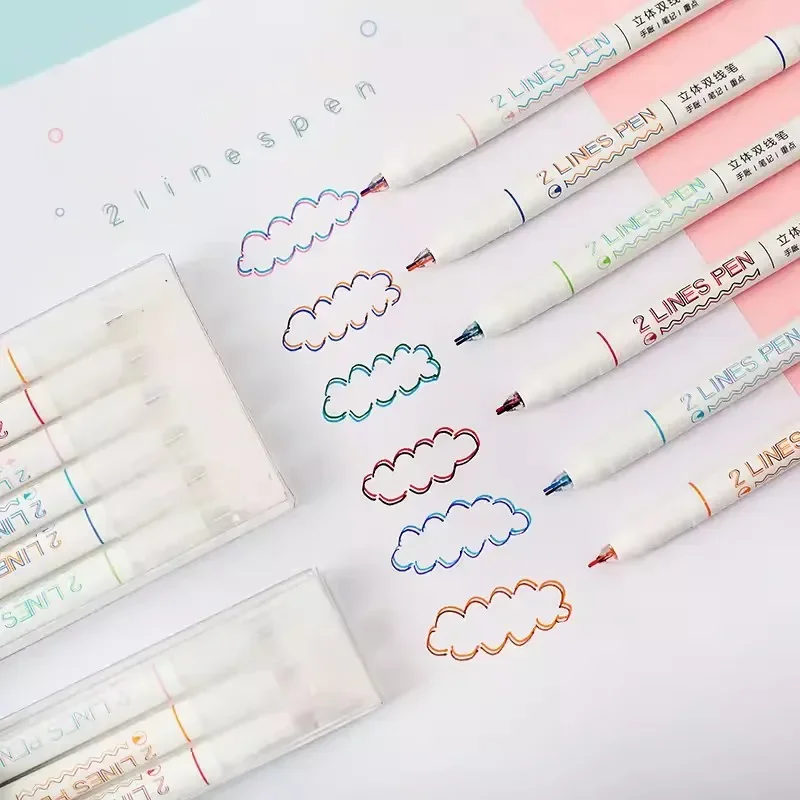 6pcs 2 เส้นสี MARKER ปากกา DIY วาดภาพวาด Graffiti ปากกา 0.5 มม.ปากกาเจล Pigment Liner Highlighter Kawaii เครื่องเขียน