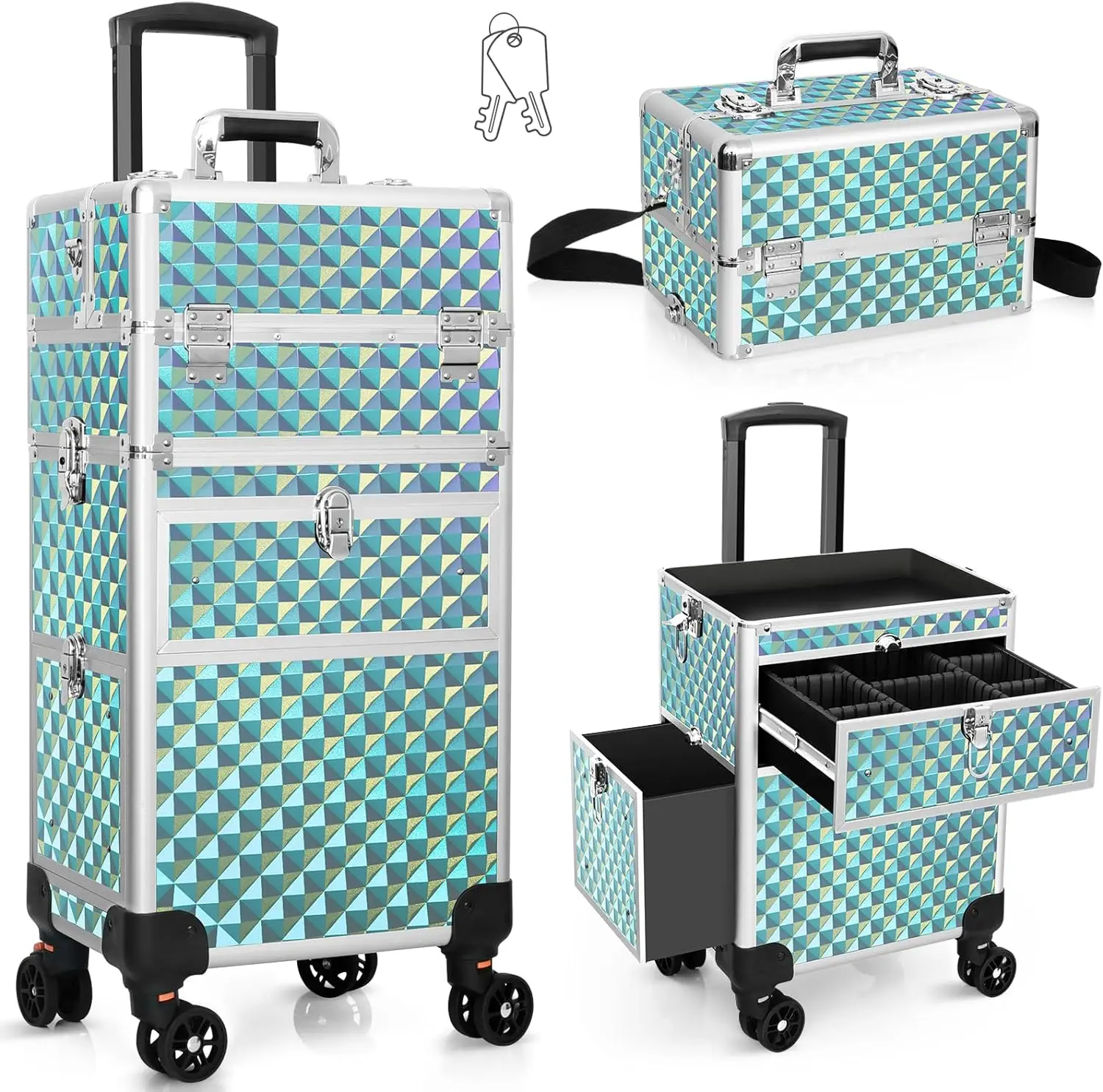 5-in-1-Make-up-Rollzug-Koffer, Kosmetik-Organizer, weiche, seitliche rollende Make-up-Reise-Koffer, kosmetische Aufbewahrung