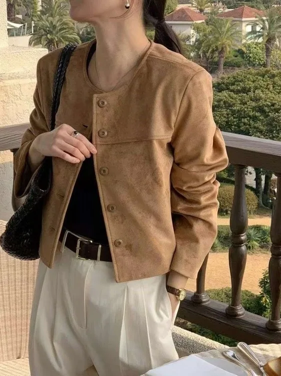 Retro camurça ort jaet feminino hong kong sle chique alto design sensação emagrecimento tamanho pequeno único botão jaet topo