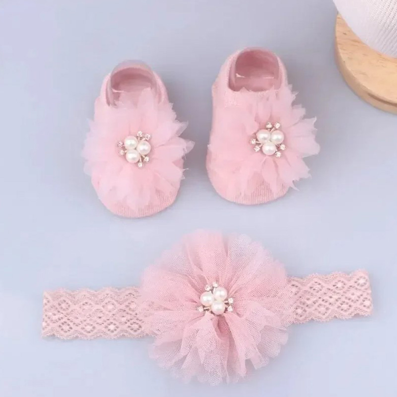 Nette Perle Bögen Baby Stirnband Socken Set Rutschfeste Baumwolle Socke Spitze Blume Neugeborenen Haarband Turban Mädchen Haar Zubehör