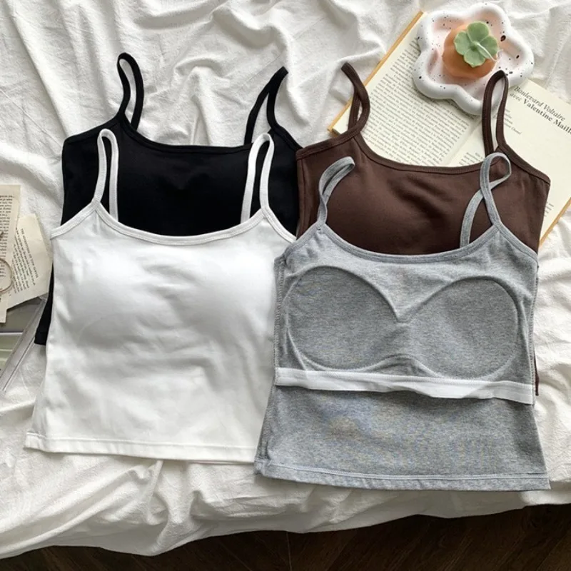 Feminino cor sólida alças de espaguete sem mangas camisola fina com almofada no peito algodão verão wear fora feminino curto topos coletes
