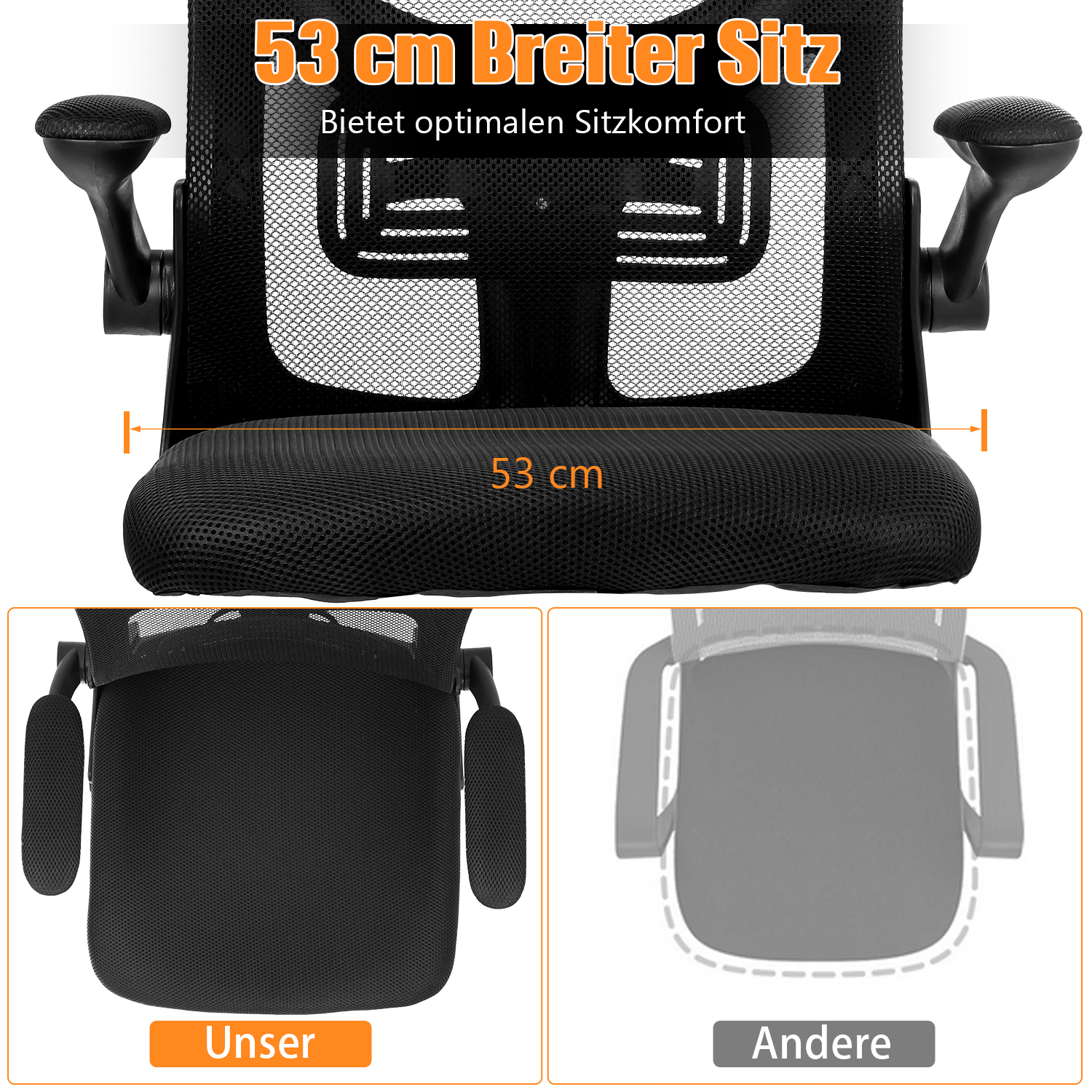 Bürostuhl mit Verstellbaren Armlehnen, Ergonomischer Schreibtischstuhl mit Netzbespannung, Lordosenstütze, Höhenverstellbarer, Gepolstertem Sitzkissen, 360° Drehstuhl, Schwarz