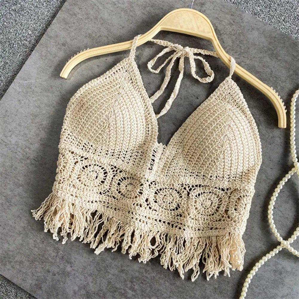 Top Halter de ganchillo para mujer, Top corto de punto para playa con flecos, blusa estilo bohemio con cordones y espalda descubierta, ropa para vacaciones y Festival