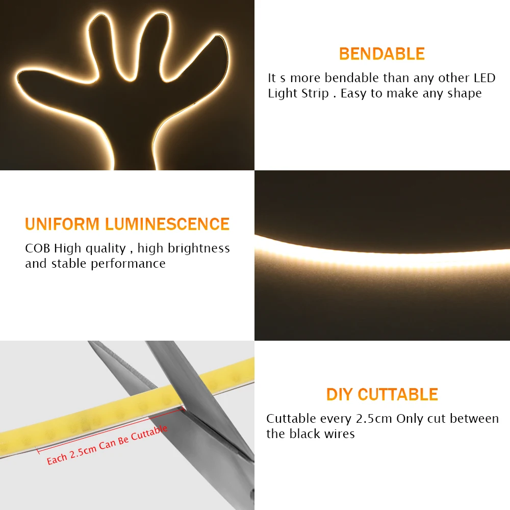 DC 5V 12V 24V COB LED Strip 320 384 480 528 LEDs/m ความหนาแน่นสูงยืดหยุ่น COB LED เทปแถบแสง 3 มม.5 มม.8 มม.PCB Linear Light