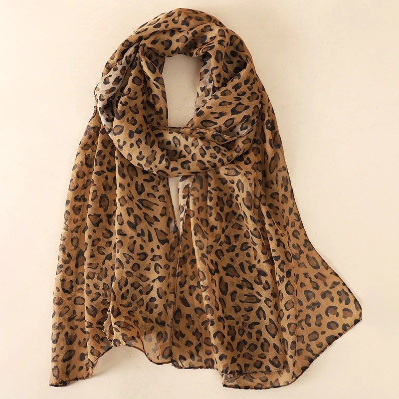 New Fashion 50*160cm Leopard Printing Chiffon Georgette Silk Scarf Women Foulard Lotus Leaf Long Shawl Summer Elegant Bandana