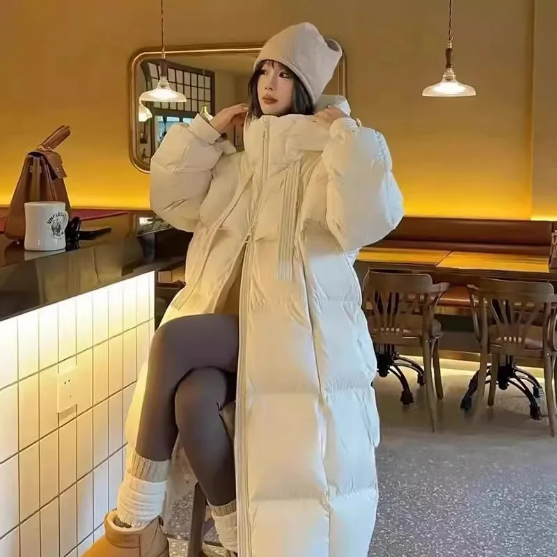 2025 nova jaqueta de algodão de inverno casaco longo feminino edição coreana solto grosso moda com capuz jaquetas feminino quente parker casaco