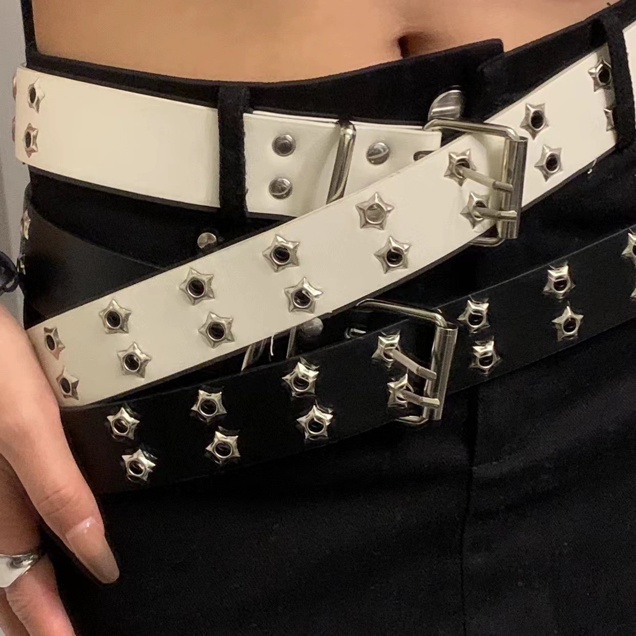Y2K Punk Rivet Leather Belts Women Men Star PU Black White Waist Strap Double Row Hollow Trendy Waistband Jeans Skirt Decoration