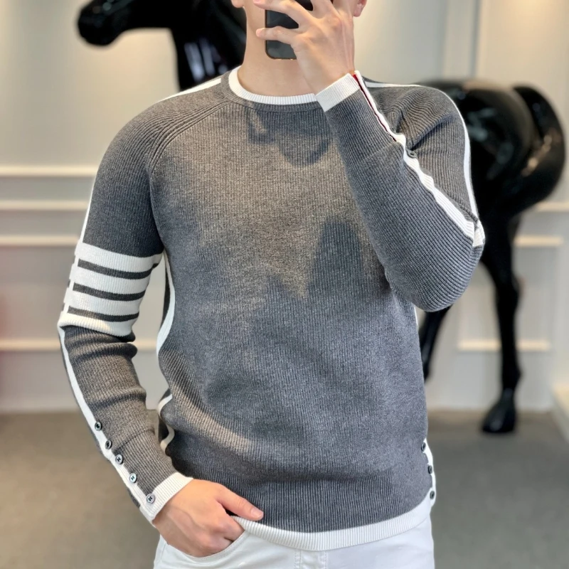 ลาย Contrast สีรอบคอฤดูใบไม้ร่วงฤดูหนาวเสื้อกันหนาวถักโคมไฟแขนยาวเสื้อผ้าผู้ชาย Retro Stylish Tops