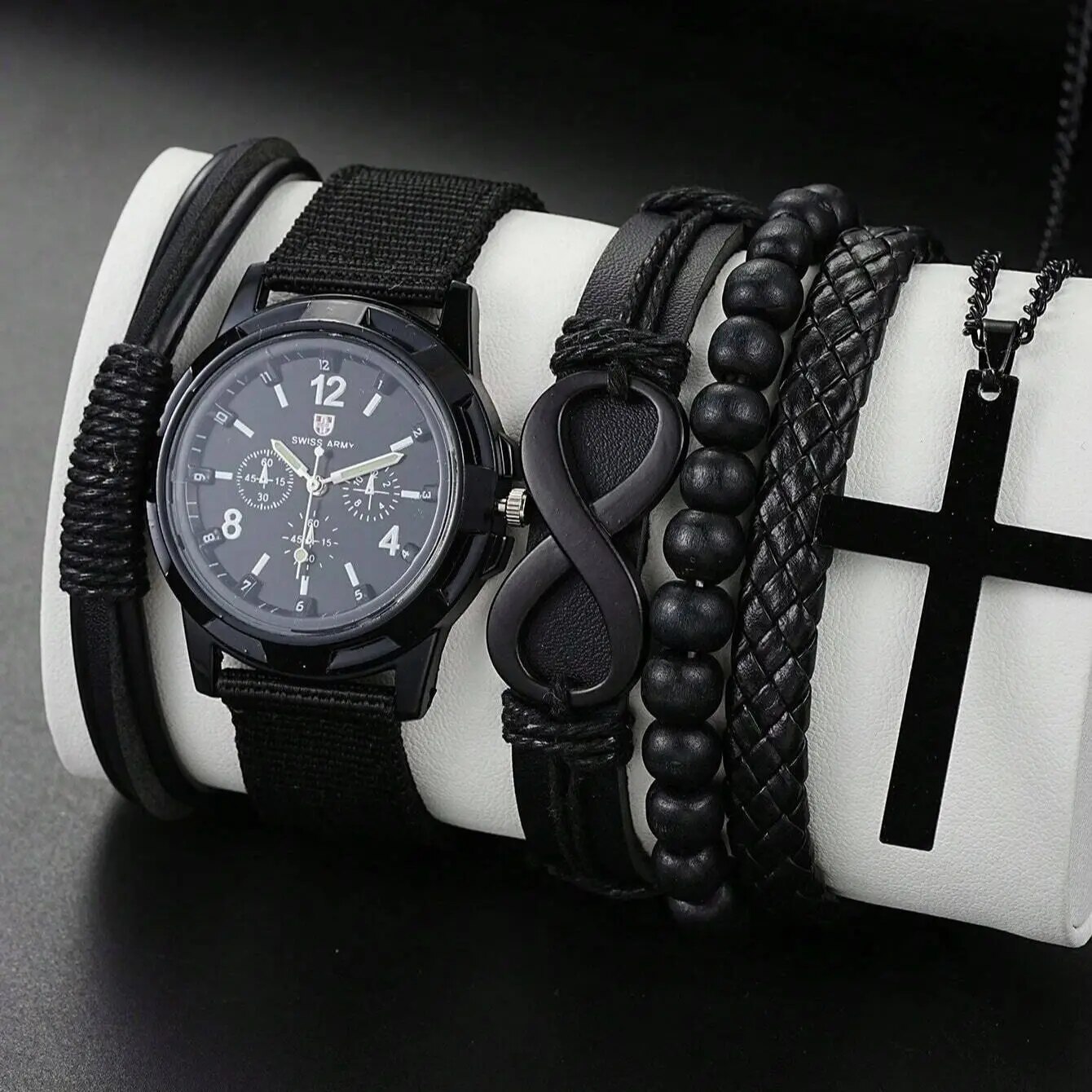 Pulsera de cuero Pu con cuentas en forma de "8", reloj mecánico, collar con colgante de Cruz para hombres, color negro, 6 piezas