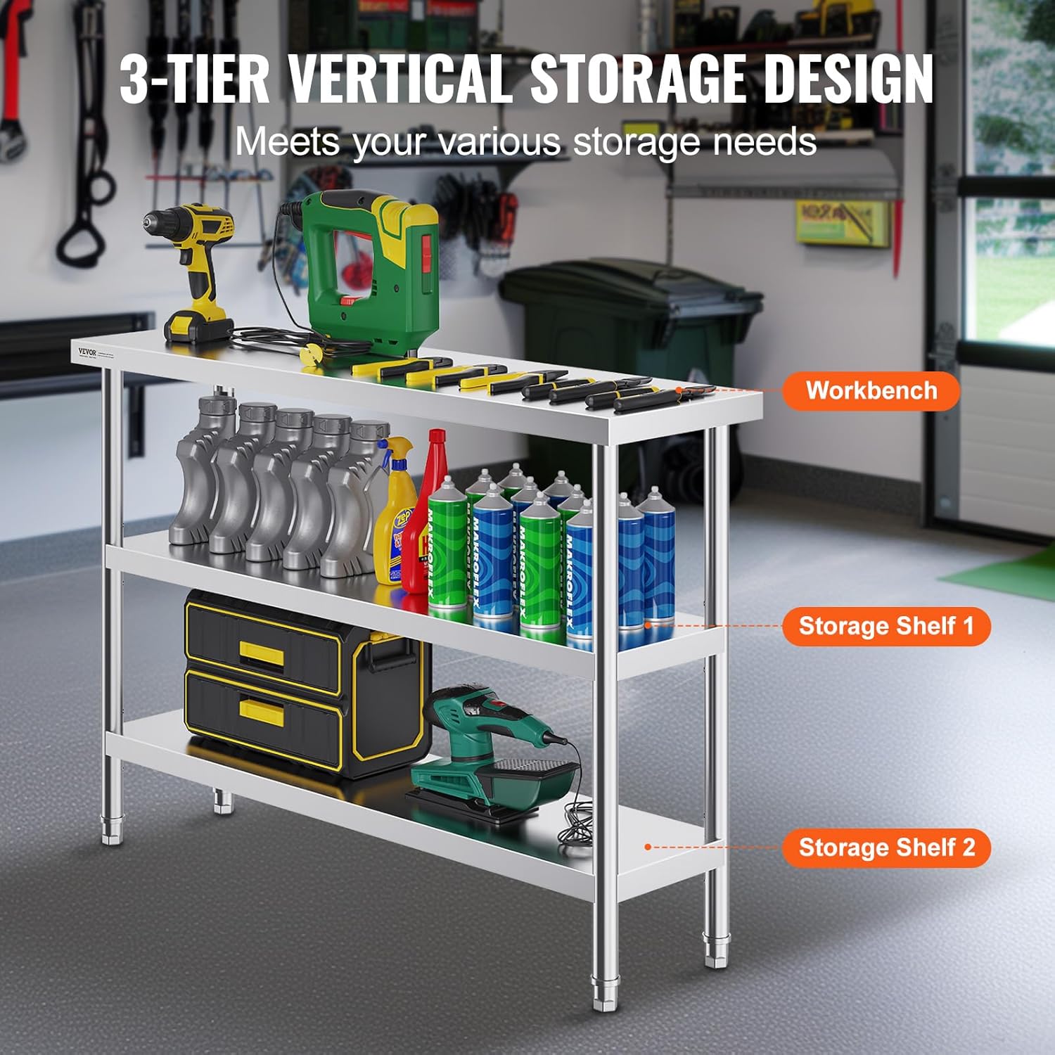 Stainless Steel Food Prep Table, 14 x 48 x 34 Inch Commercial Kitchen Worktable, with 2 Adjustable Undershelf, Heavy Duty Prep