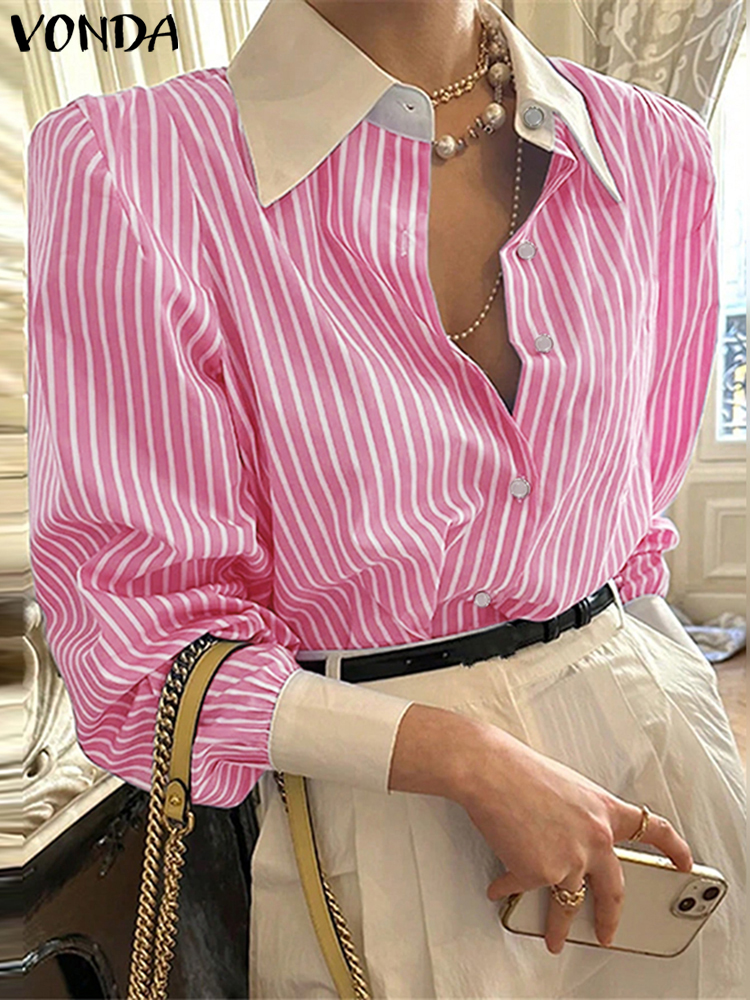 Plus Größe 5XL VONDA Frauen Streifen Patchwork Shirts Casual Langarm Tops 2024 Übergroßen Open Up Einfache Tunika Elegante Bluse