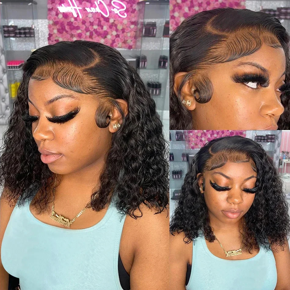 200% 짧은 곱슬 밥 가발 레이스 전면 인간의 머리 가발 13x4 4x4 딥 웨이브 레이스 정면 가발 100% 인간의 머리카락 브라질 머리 14 인치