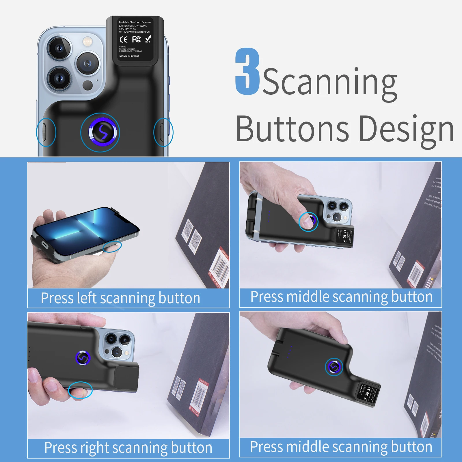 JEESTON BX75 Scanner de codes-barres sans fil 2D portable Scanner de compagnon mobile à clipser pour smartphones