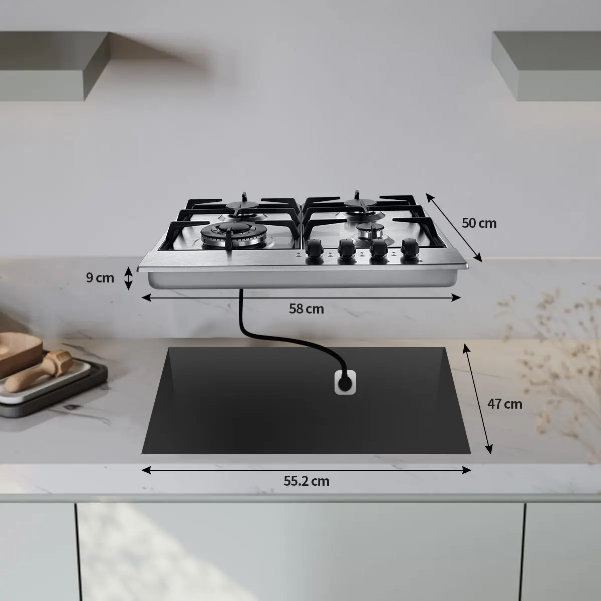Edelstahl-Gaskochfeld, 4 Brenner mit automatischem Flammschutz, 8060 W, Doppelkraftstoff (Erdgas/Propan), eingebaut oder freistehend