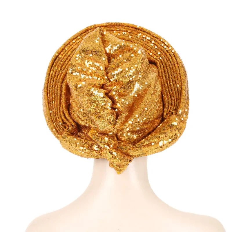 Nueva gorra de turbante de lentejuelas para mujer lista para usar tocado de Gele africano para coche Nigeria boda Geles envoltura para la cabeza femenina tocado Hijab
