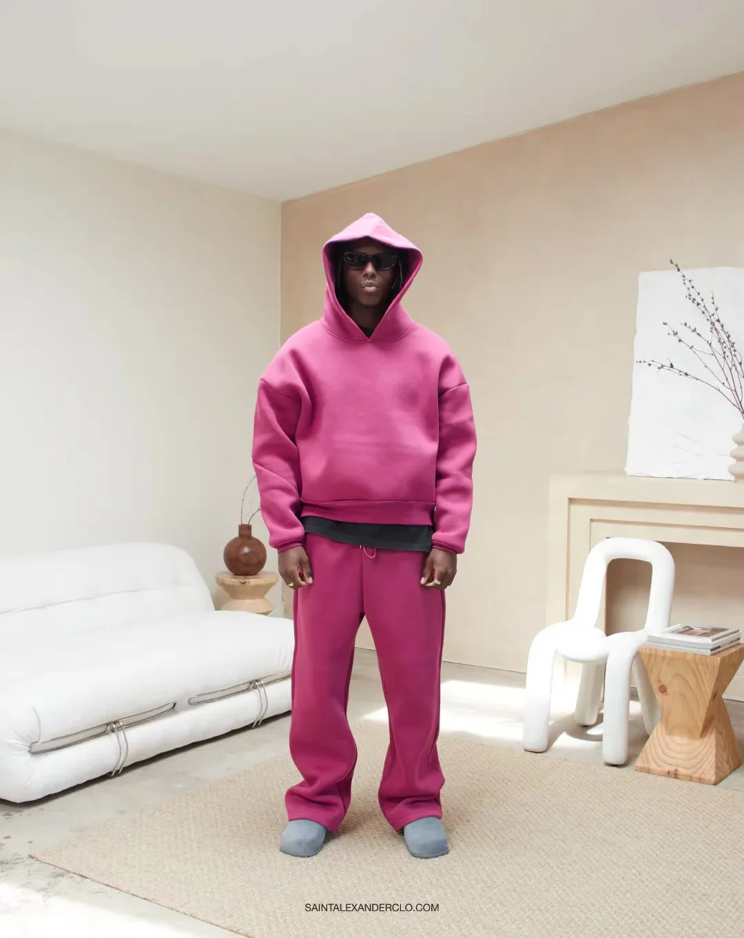 Y2K American Fashion Solid Color Fleece Oversized Sweatshirt Mens Two Piece Harajuku Hip-Hop Gothic Joker Slacks Jogging Pants