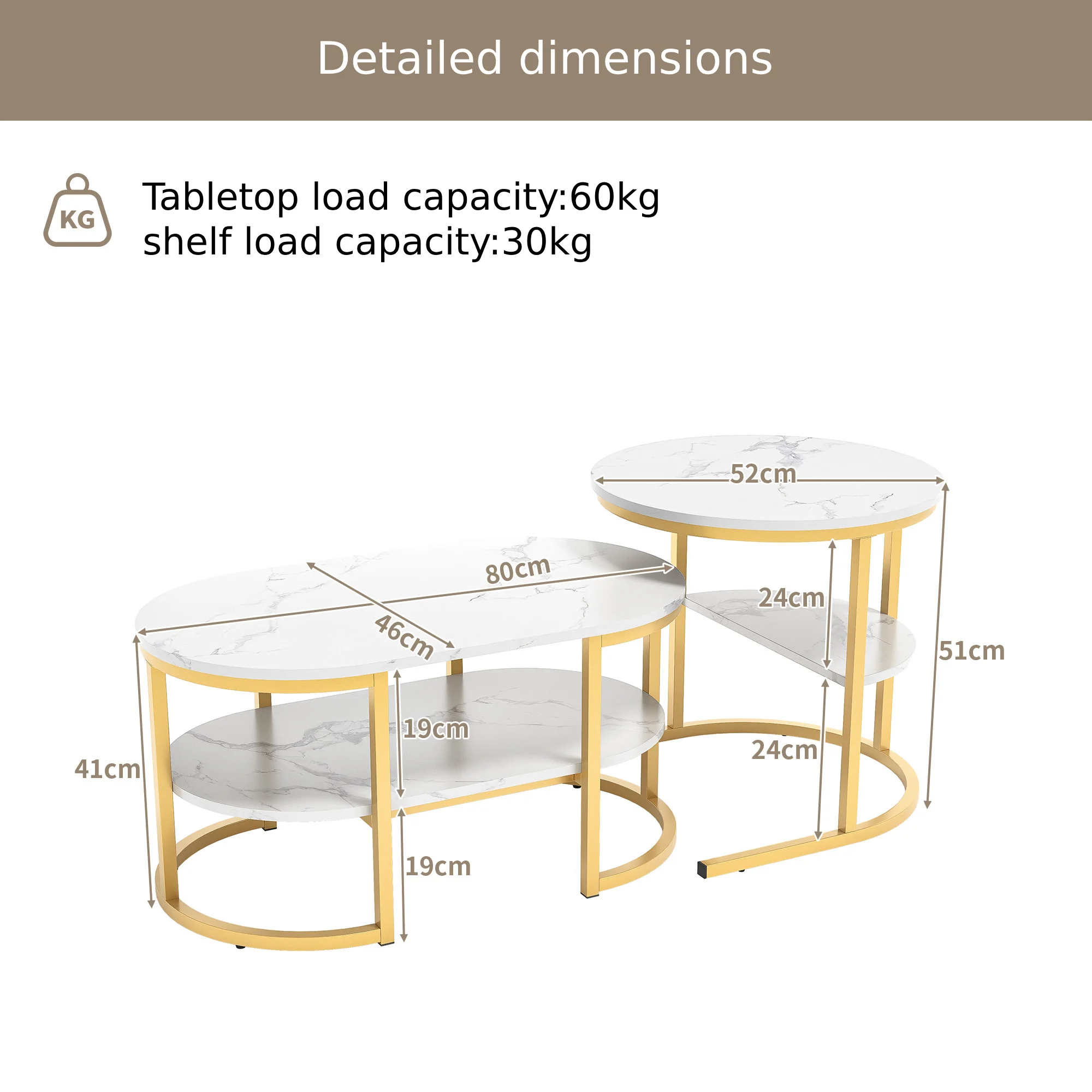 Anajqaqia Ensemble de tables basses modernes Tables d'appoint rondes 80x46x41cm 52x52x51cm