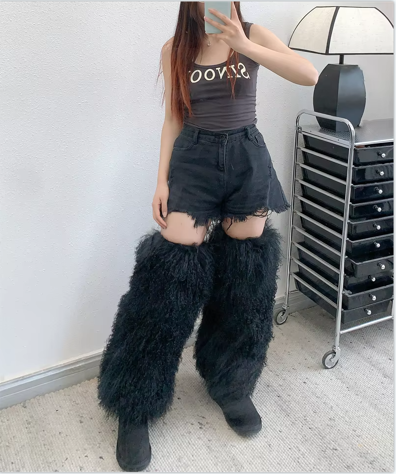 Beliebtes Modedesign für Damen, pelziges mongolisches Pelz-Beinwärmer, hohe Qualität, versandfertig, Beinwärmer-Stiefel