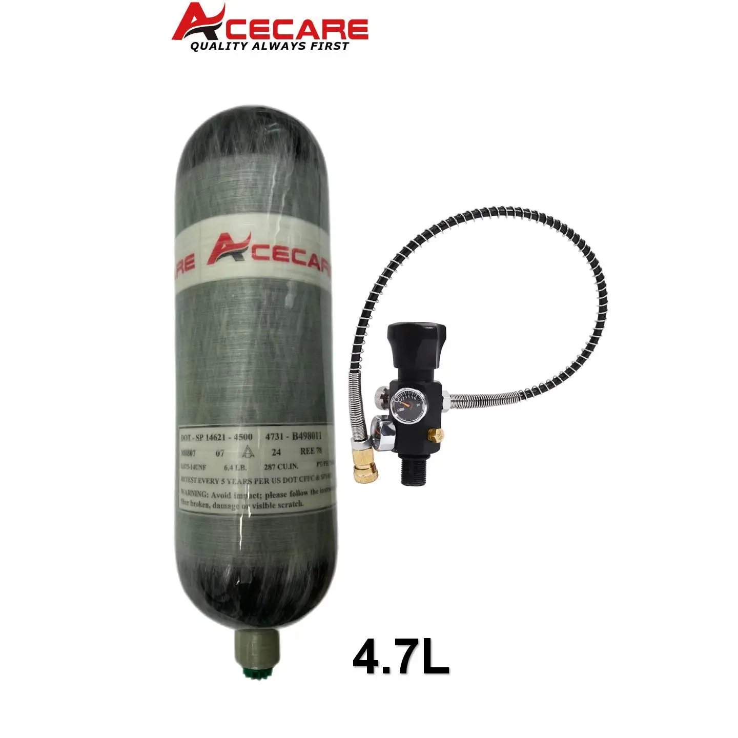 Acecare DOT certificato 4.7L 30Mpa 300Bar 4500Psi PCP Tank SCUBA Diving bombola d'aria in fibra di carbonio stazione di riempimento valvola a doppio calibro