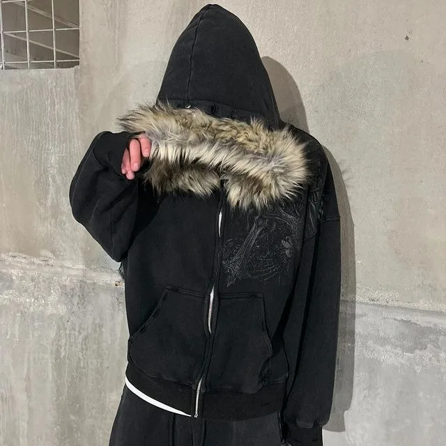 Y2k Street-cárdigan cálido vintage para hombre, Sudadera con capucha holgada, moda de invierno, cuello de piel, sombrero, Sudadera con capucha, estampado de calavera de calle, sudadera con cremallera
