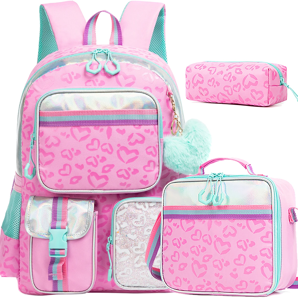 Meetbelify Girls' Multifunctional Heart Printed Pattern with Lunch Bag Pencil Bag for Studying  Travel and Picnic