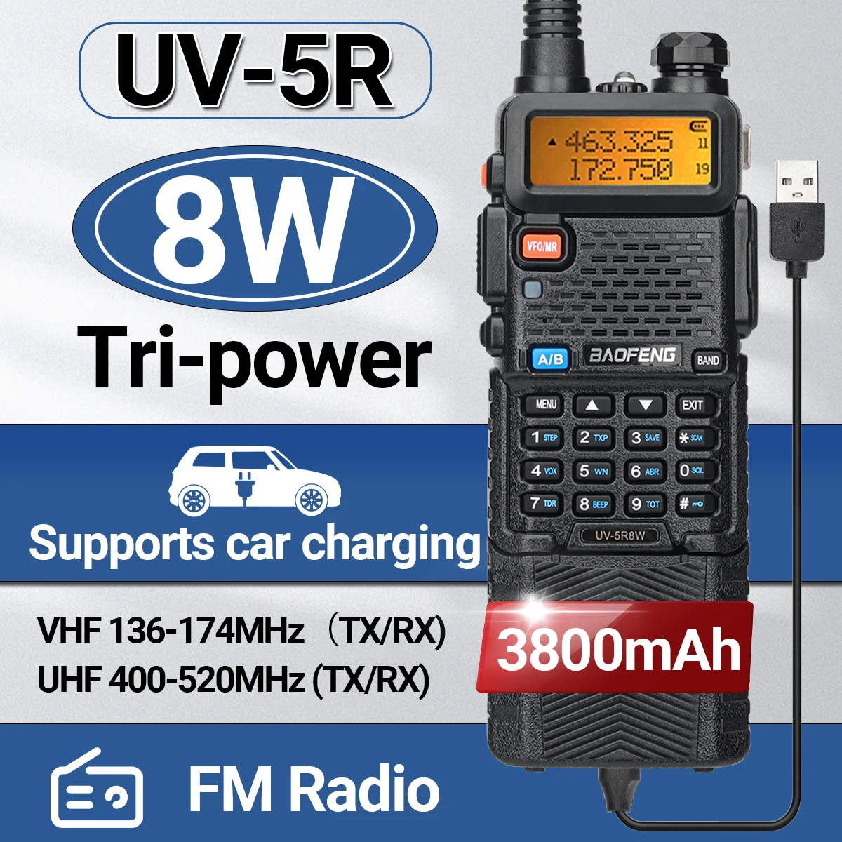 Baofeng UV-5R 8W Langstrecken-Walkie-Talkie 3800mAh Typ-C Amateurkommunikation Zwei-Wege-Radio für Erwachsene Camping