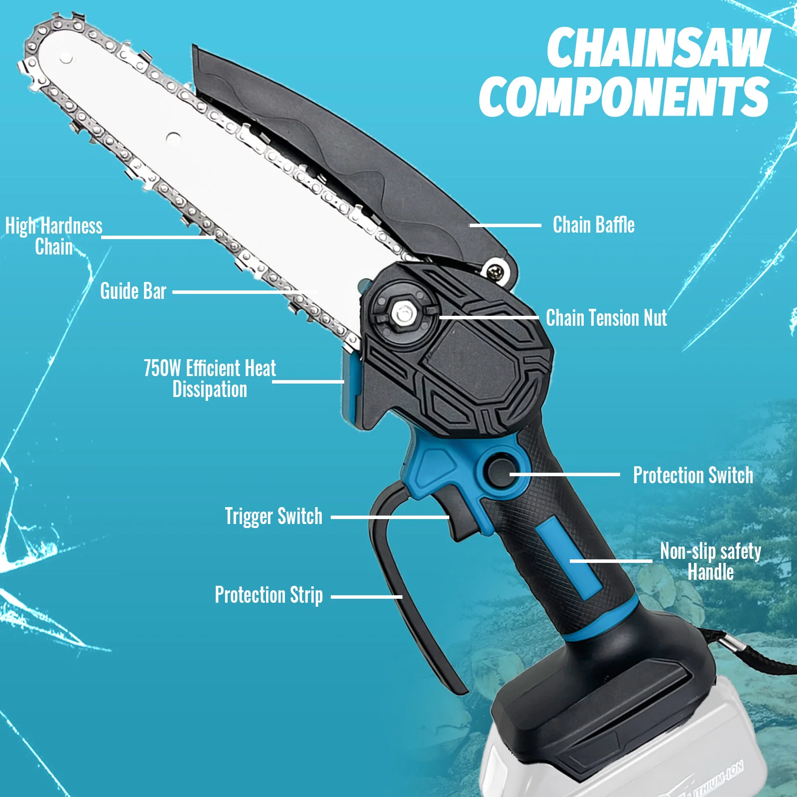Akku-Kettensäge für Makita 18 V Akku 6 Zoll tragbare Mini-Kettensäge 3000 U/min zum Baum-/Zweig-/Holzschneiden