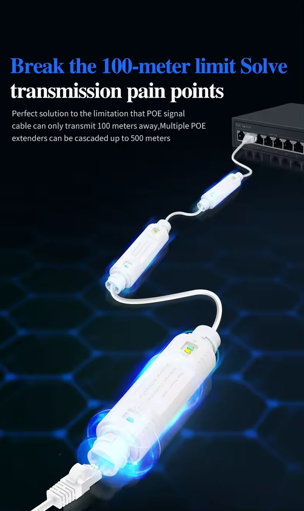 Extensor/repetidor POE para exteriores, resistente al agua, extensión de 200 metros, adaptador de inyector POE IEEE802.3at/af
